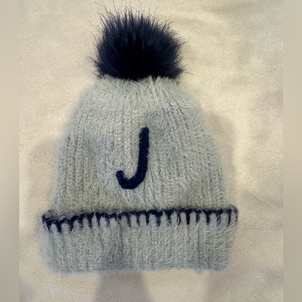 Maeve Gray Knit Beanie “J” with navy Pom-Pom kids